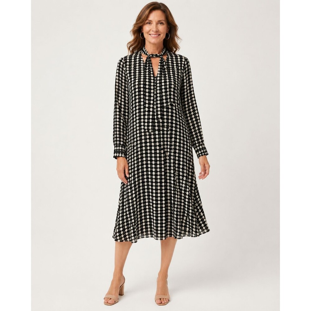 NWT Chico’s Size 0 US 4 Black Cream Dot Bow Tie Midi Dress Long Sleeve